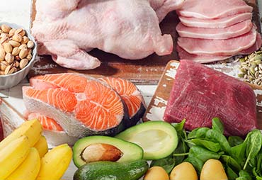 Image of metabolism boosting foods, such as avacados, chicken, and salmon